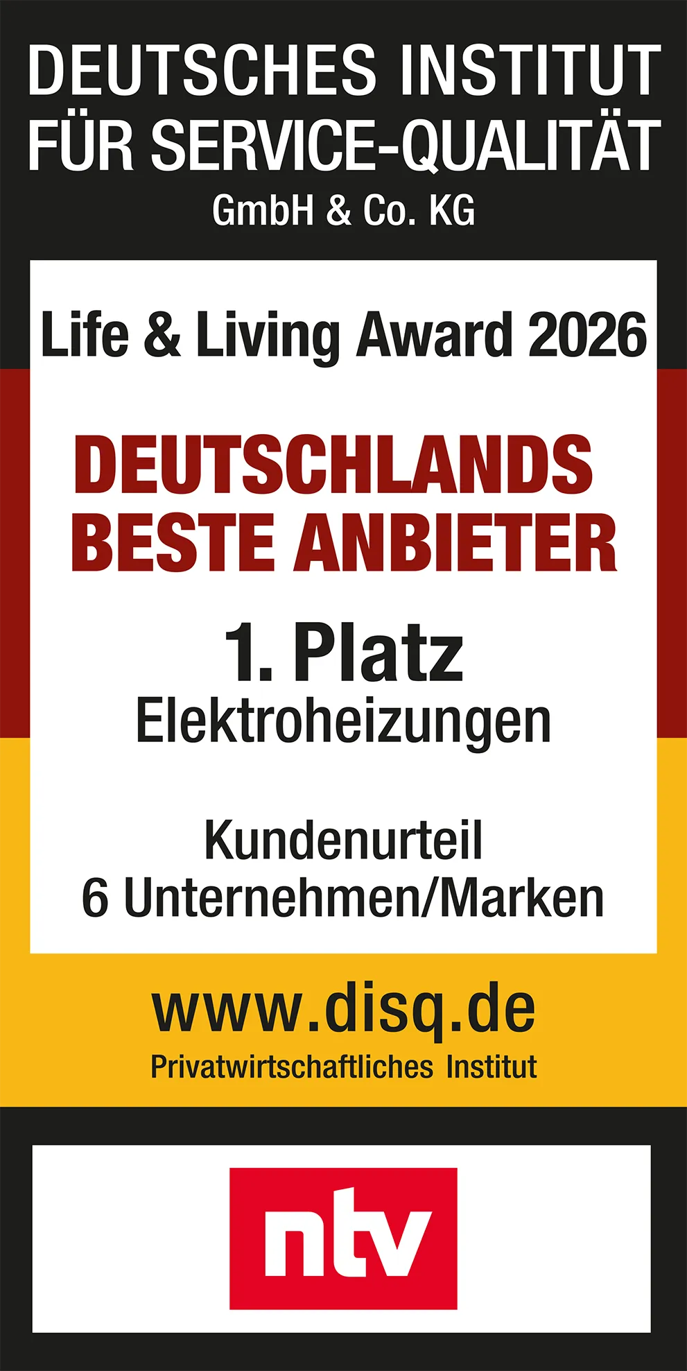 Siegel: DISQ Life & Living Award 2026, Deutschlands beste Anbieter, 1. Platz Elektroheizungen, Kundenurteil unter 6 Unternehmen/Marken, n-tv